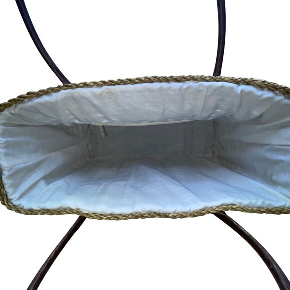 Braided Straw Women’s Beige Tote Bag With Dark Brown Handles Open Weave Style - Picture 5 of 11